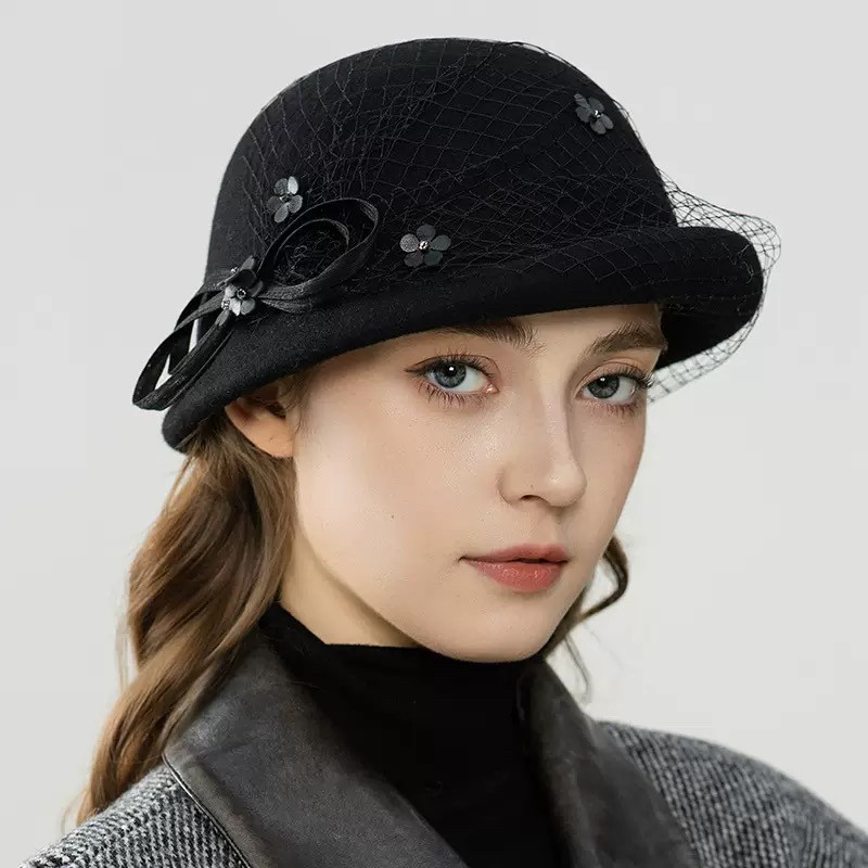 秋冬季新款法式小香风网纱花朵羊毛盆帽羊毛名媛礼帽女士帽子