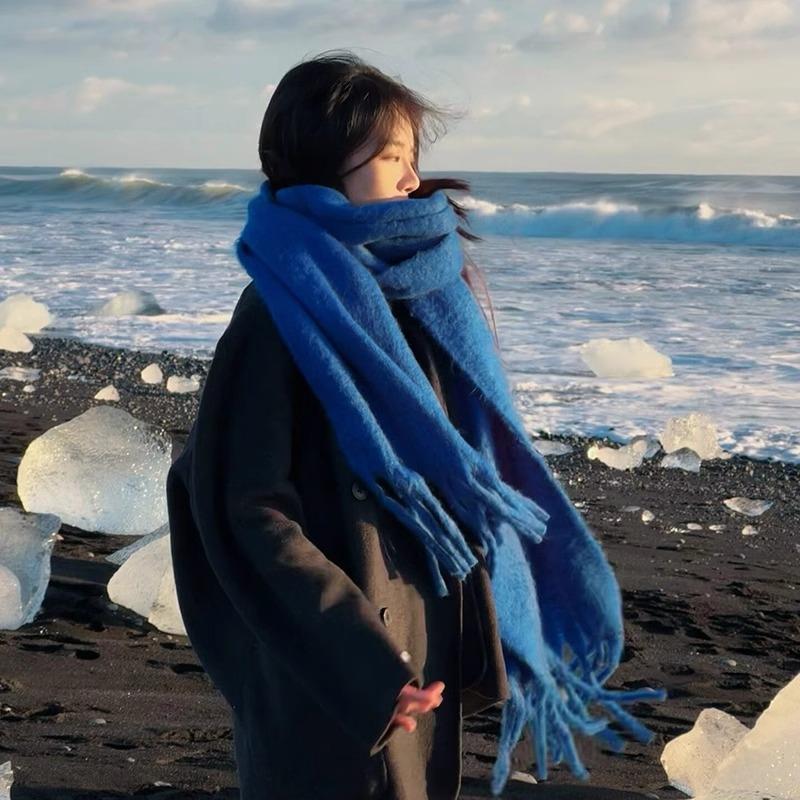 东北哈尔滨雪乡显白蓝色围巾女冬季长白山拍照保暖马海毛围脖男潮