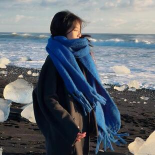 东北哈尔滨雪乡显白蓝色围巾女冬季长白山拍照保暖马海毛围脖男潮