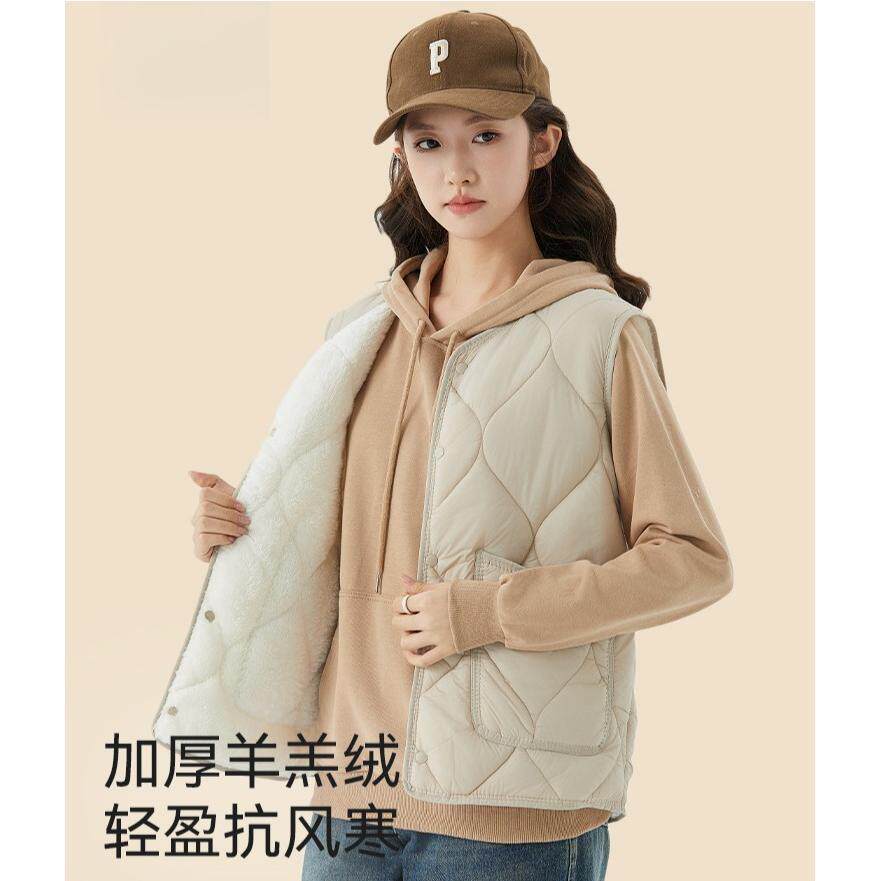 羽绒棉马甲女短款冬季加绒加厚保暖背心羊羔绒轻薄女款马夹女大码