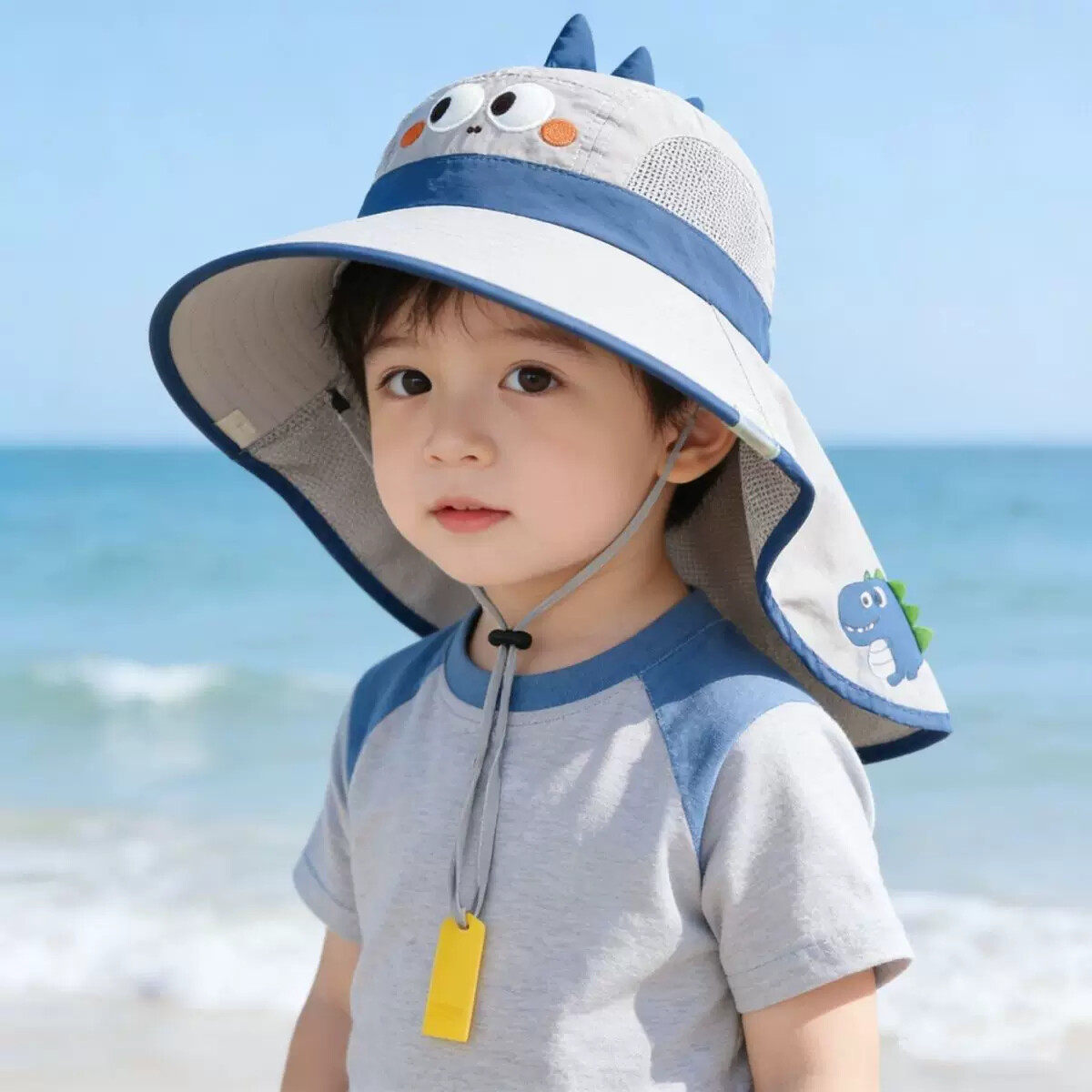 儿童帽子夏季男童恐龙大檐披肩渔夫帽女童遮阳宝宝透气网眼防晒帽