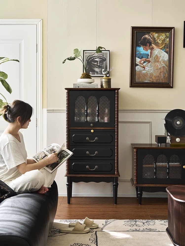 法式复古实木边柜小户型家用高级抽屉三斗柜展示柜客厅储物小边柜