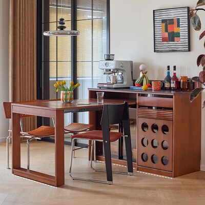 复古实木岛台餐桌一体可伸缩折叠小户型家用客厅餐边柜吧台置物柜