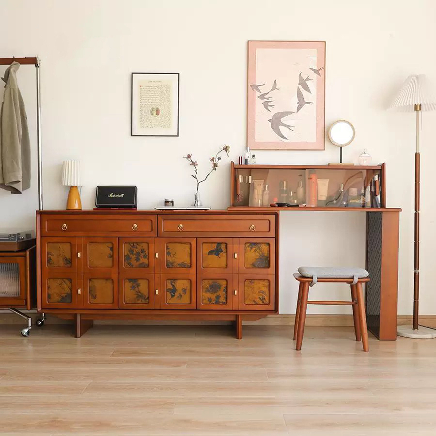 中古风实木梳妆台斗柜一体卧室复古化妆桌收纳柜一体式储物化妆台
