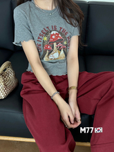 宽松休闲字母卡通M77Y3圆领女蘑菇拼接百搭短袖T恤上衣CLL-8215