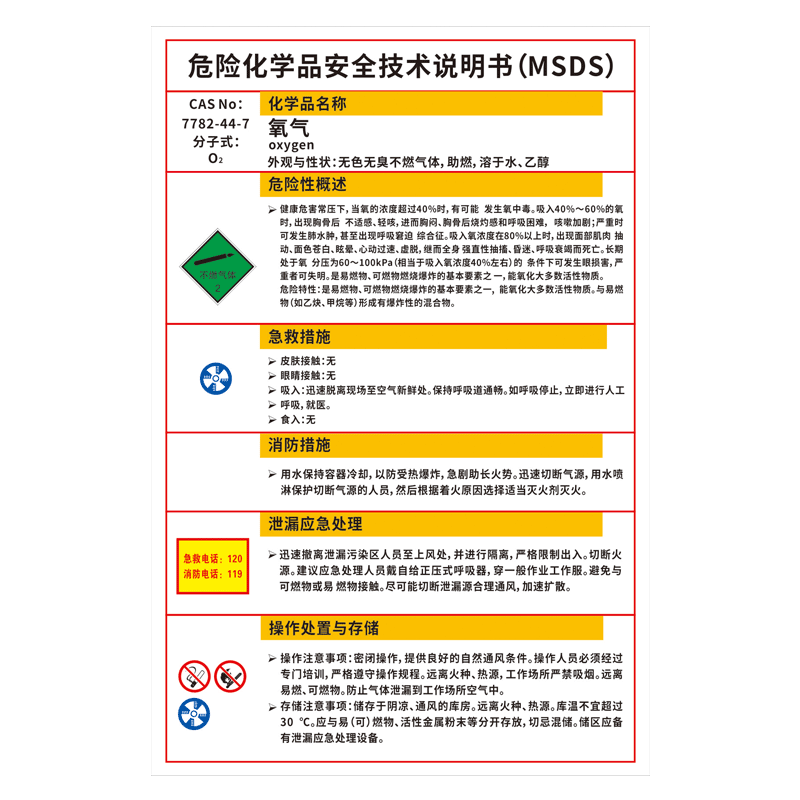 氧气/液氧化学品说明书PVC板