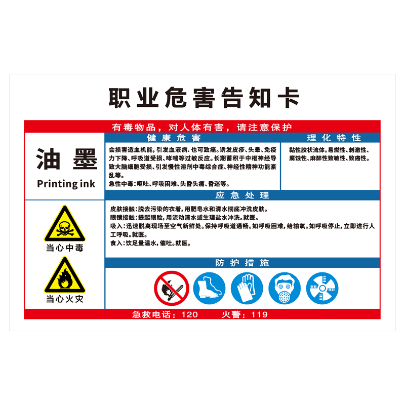 油墨职业危害告知卡油漆放置处稀释剂安全告知牌工厂警示牌车间标识牌学校安全告知卡油漆化学品周知卡