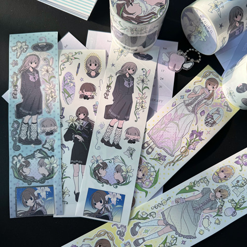 小京日常乐园 水底人原创雪霁百合胶带分装女孩与花束手帐贴纸