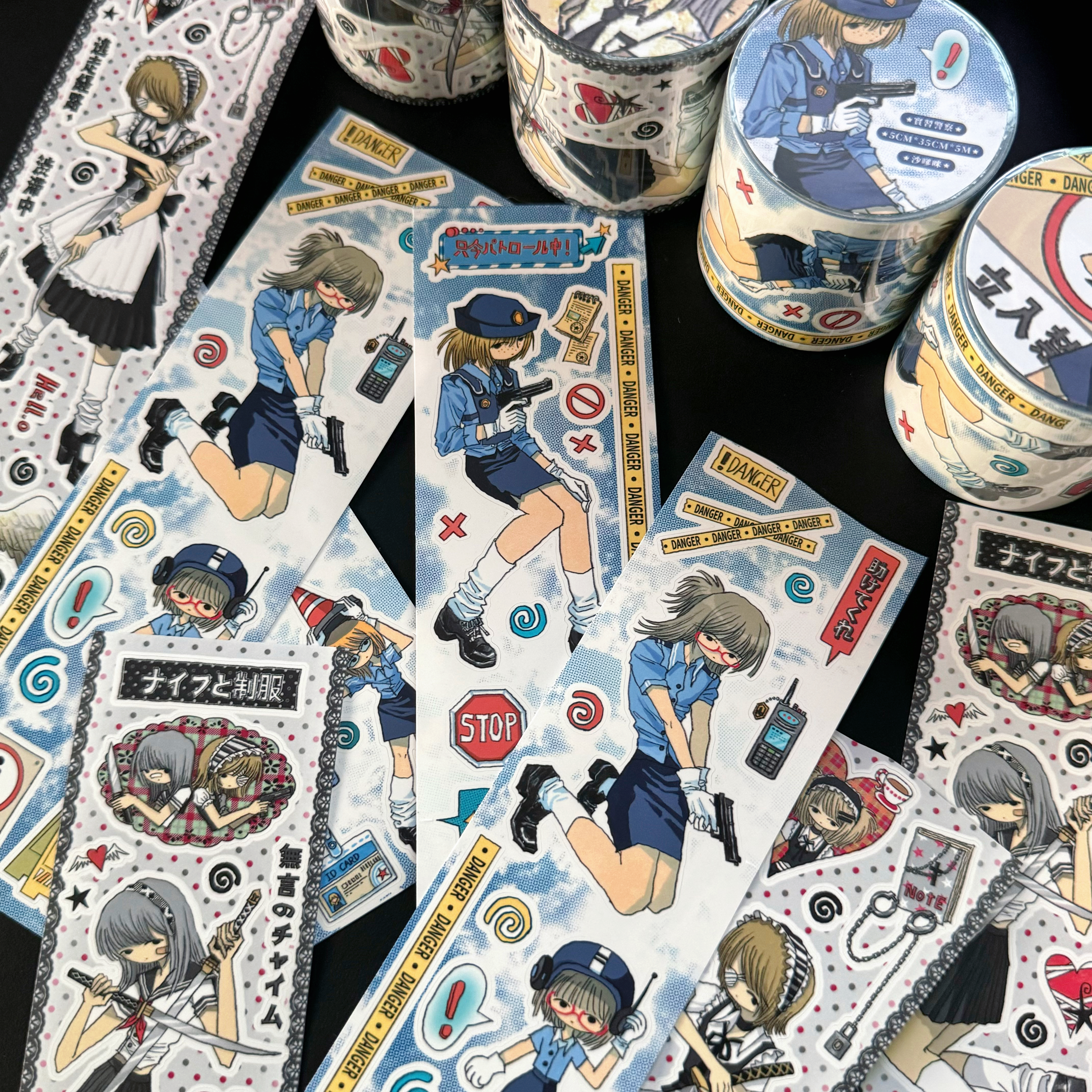 章鱼草老师原创昭和风女警制服女孩贴纸卷分装沙喋咩人物手帐装饰
