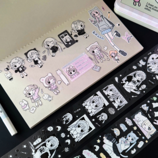 melo原创贴纸卷分装 可爱QQ人物jk少女女仆切模胶带手帐装饰