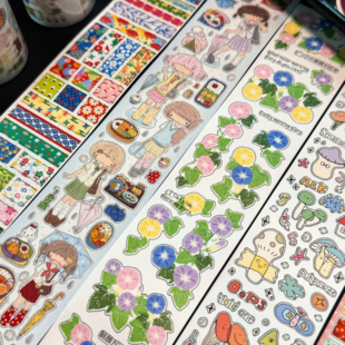 辣子星贴纸卷可爱榨菜女孩森系花纹神奇蘑菇牵牛花手帐素材贴纸