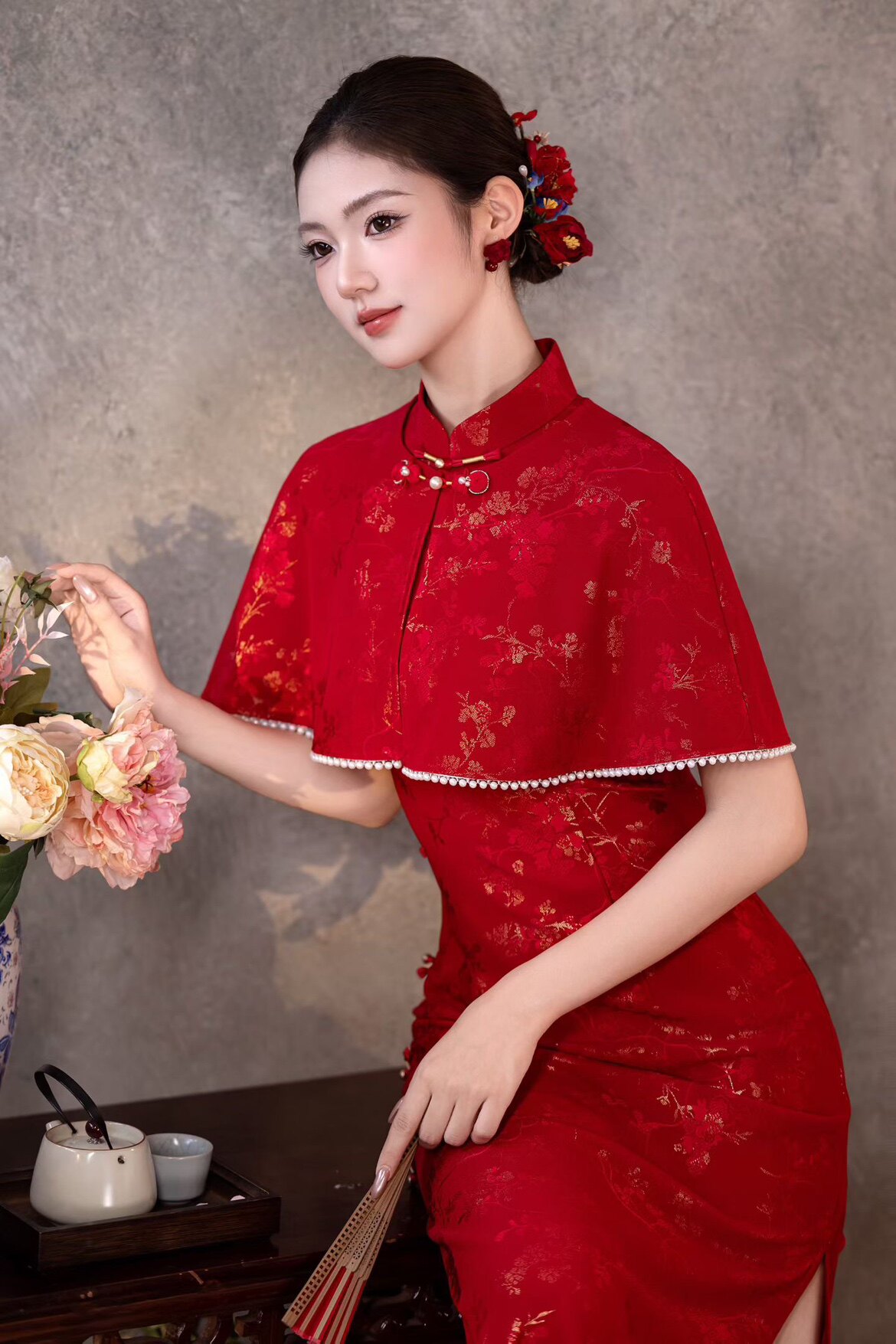 旗袍敬酒服新娘新中式订婚结婚礼服女长袖高级感红色婚礼回门便装