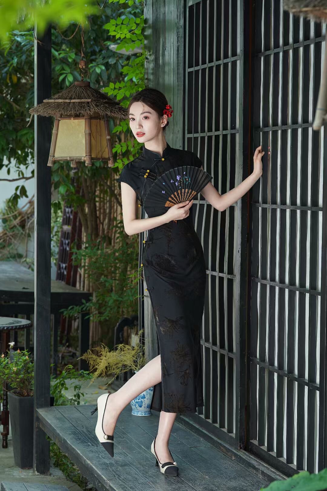 旗袍气质中长款夏季黑色少女复古显瘦中式修身时尚新中式