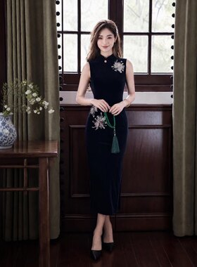 黑色旗袍女新中式金丝绒烟花高级感小众简约复古显瘦日常走秀演出