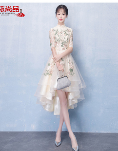 宴会晚礼服旗袍前短后长款连衣裙女中式伴娘服2025新款刺绣演出服