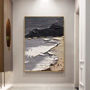 纯手绘油画海礁现代玄关挂画抽象画客厅沙发背景墙装饰画黑白搭配