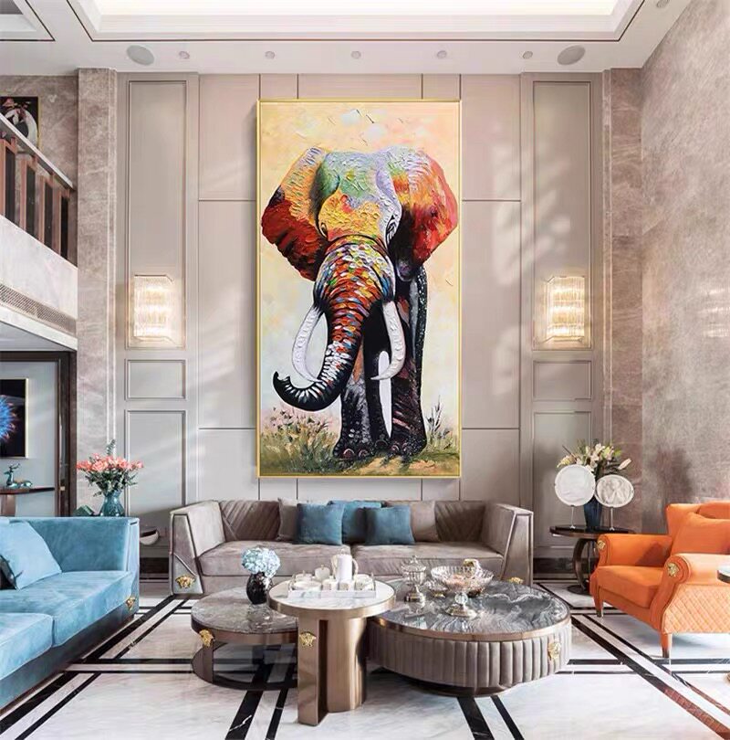 纯手绘油画现代简约玄关装饰画入户走廊过道大象壁画客厅落地挂画