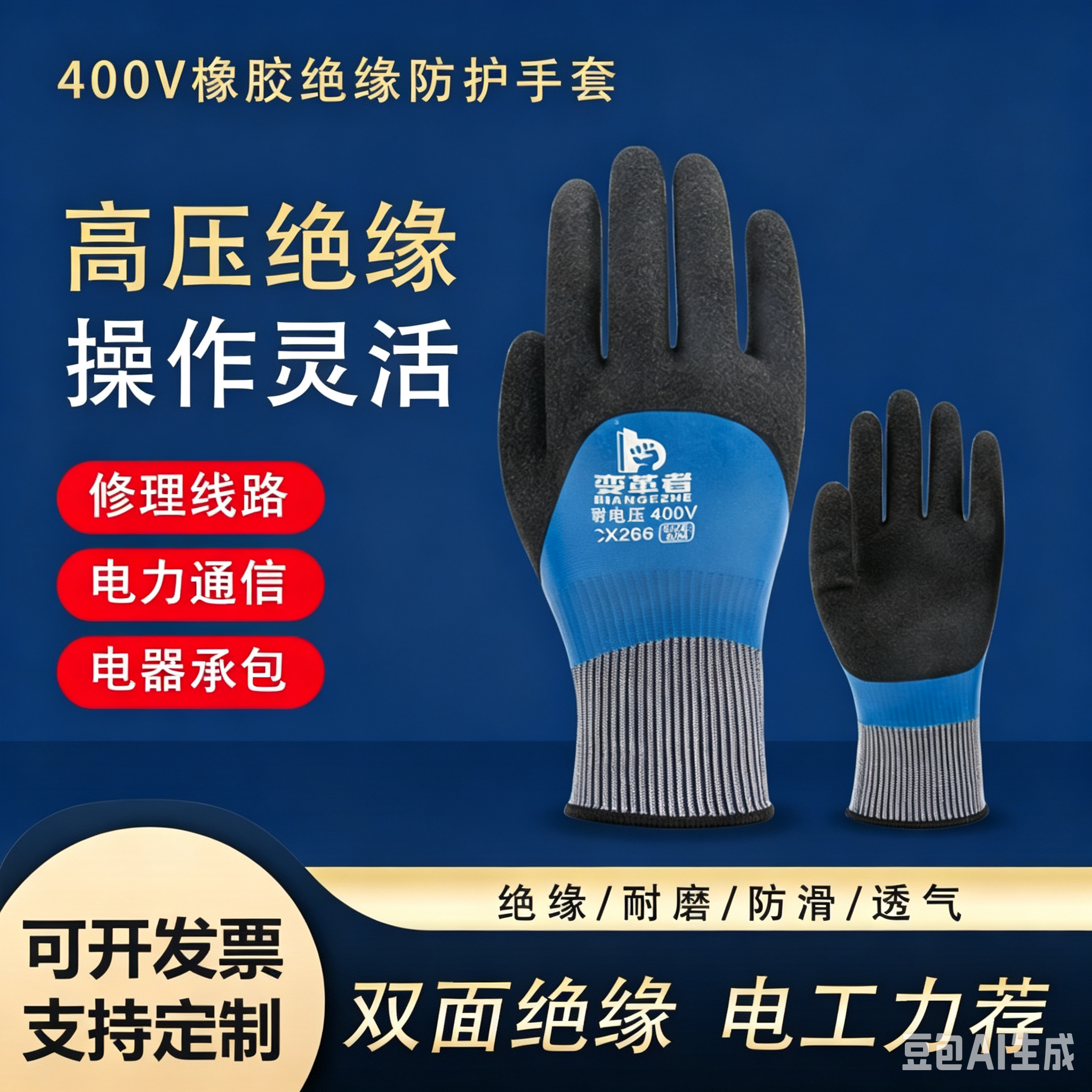 电工绝缘手套400V低压带电作业专用超薄灵活耐磨橡胶防滑防护手套