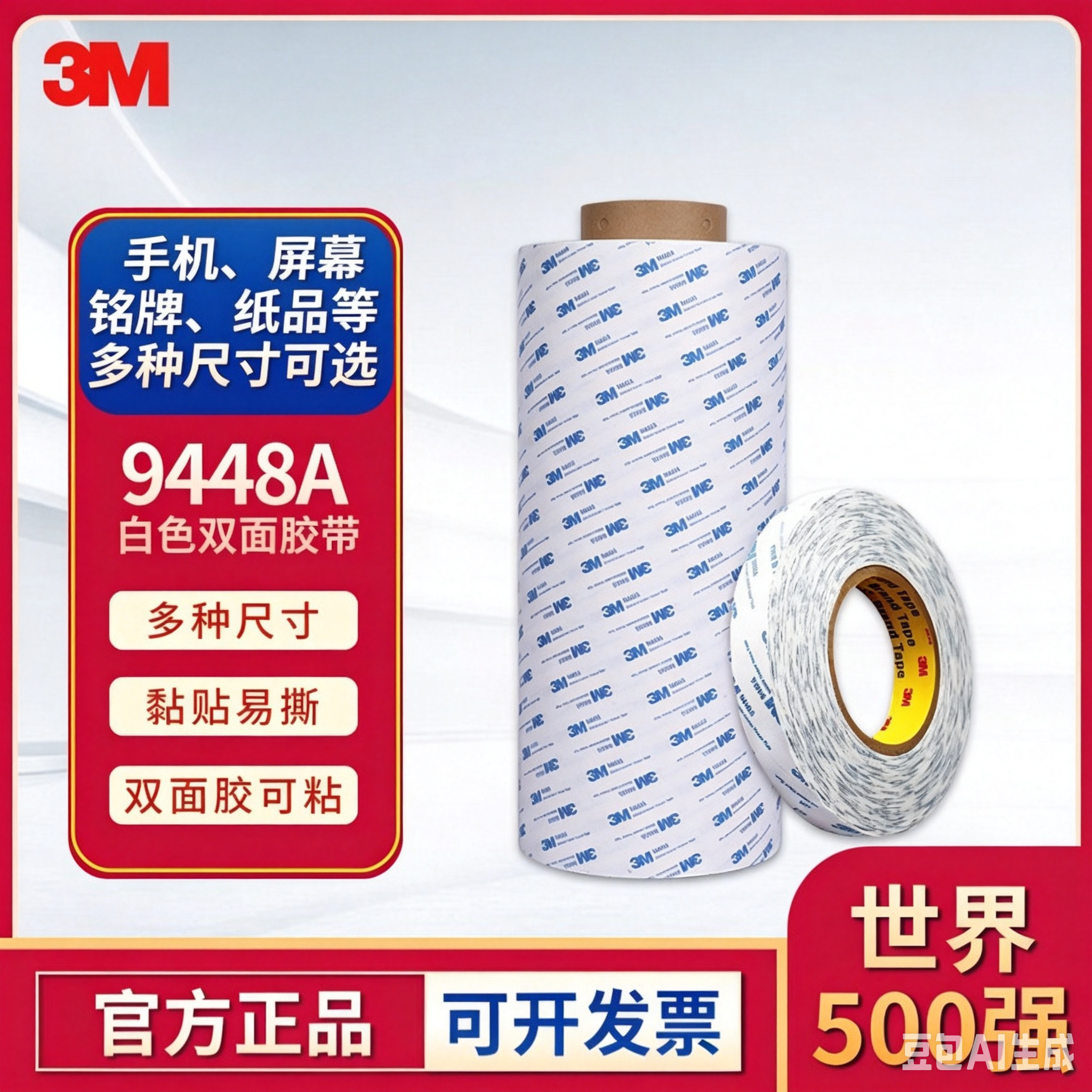 3M9448A双面胶带高粘性棉纸耐高温广告印刷模切3M双面胶批发10卷