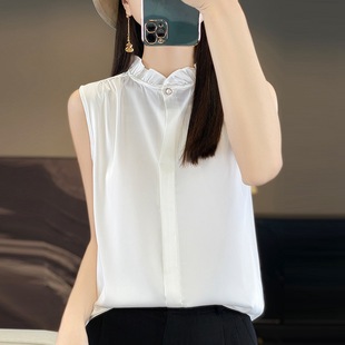 轻奢缎面木耳领无袖 背心女丝滑立领叠穿内搭宽松花边 衬衫 打底衫