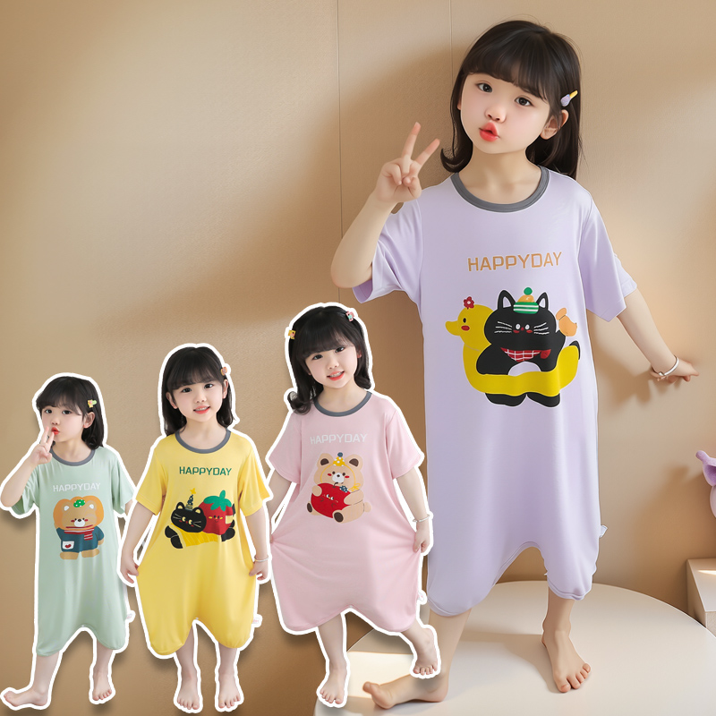 女童睡袋夏季薄款莫代尔新款夏季女孩宝宝睡袍夏天儿童空调服睡衣