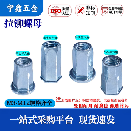 平头六角拉铆螺母/拉卯螺母/铆螺母/拉母/拉帽碳钢镀锌六角通孔