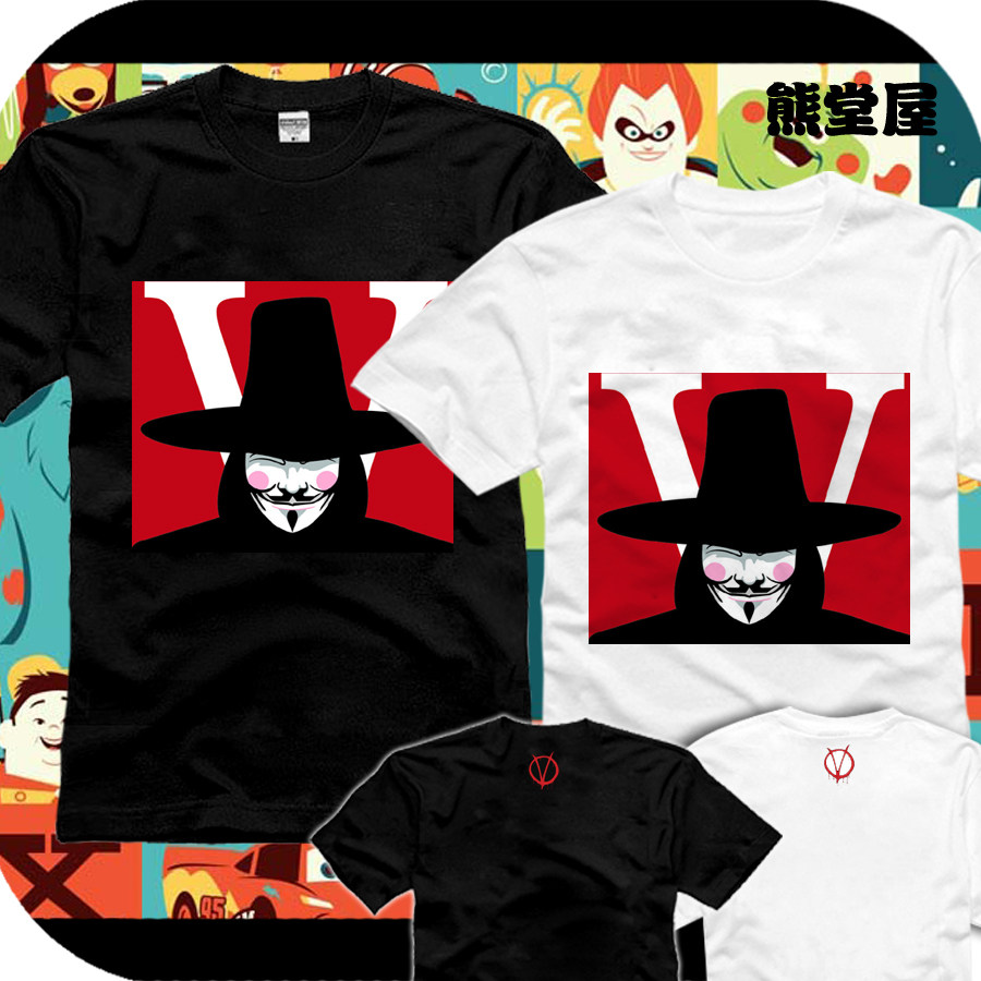 v字仇杀队logo标志符号笑脸直筒宽松圆领全纯棉半短袖t恤衫上衣服