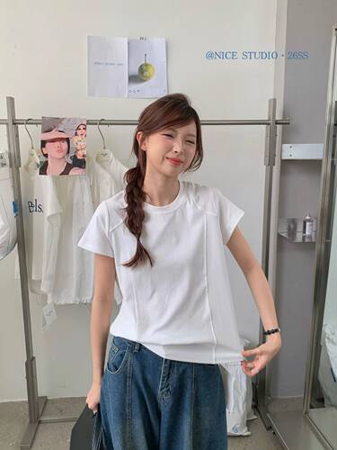 奶思家短袖正肩T恤女2026新款夏季宽松显瘦圆领减龄时尚休闲上衣