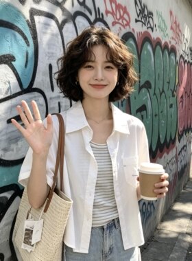 Meeto2026夏季新款韩系小众甜美翻领口袋刺绣短袖衬衫+条纹背心女