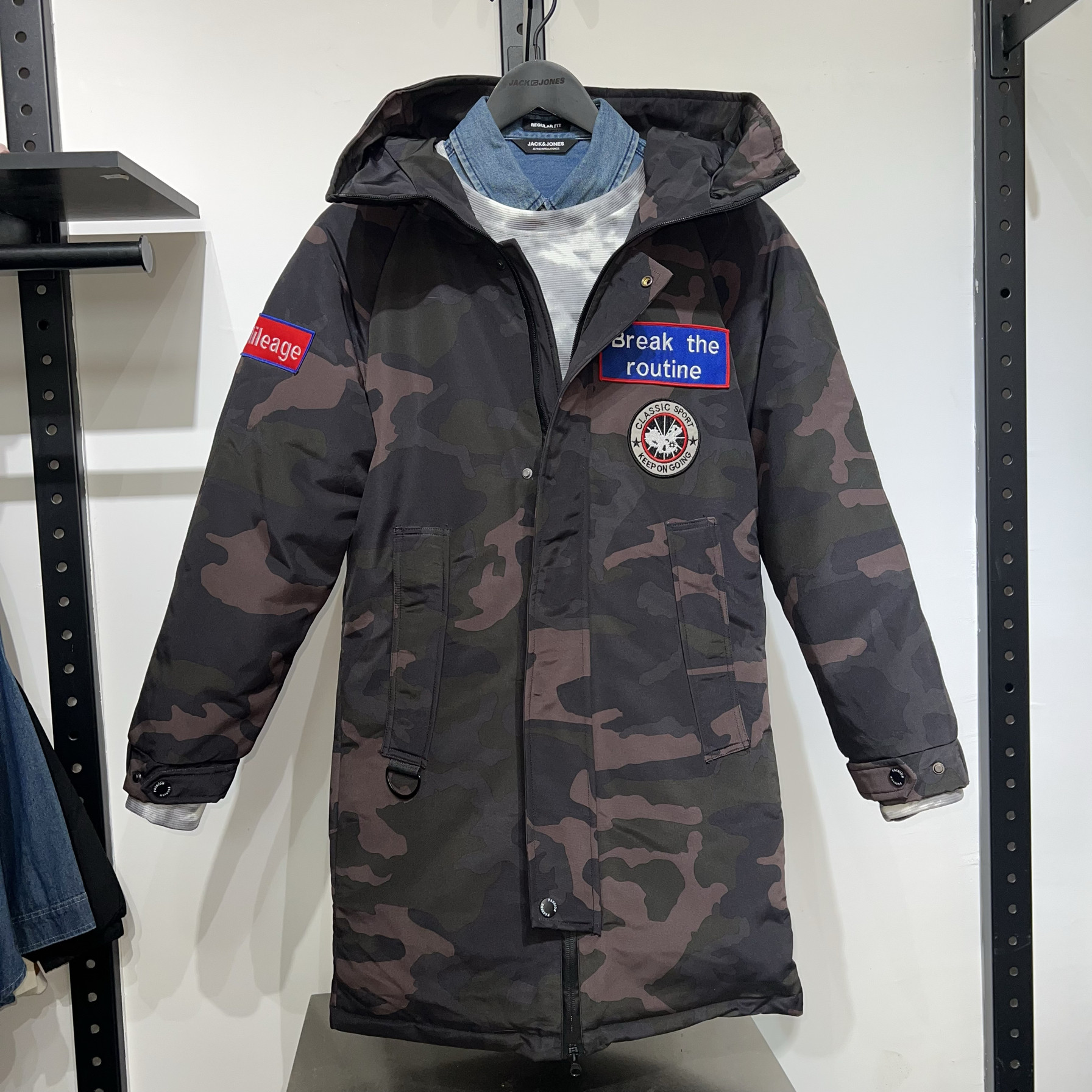 JJ剪标连帽迷彩防风中长款冬季户外保暖白鸭绒外套保暖羽绒服