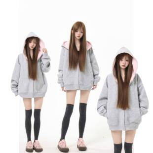 漂亮炮灰 美式纯色拼接连帽卫衣秋冬宽松休闲拉链男女开衫外套