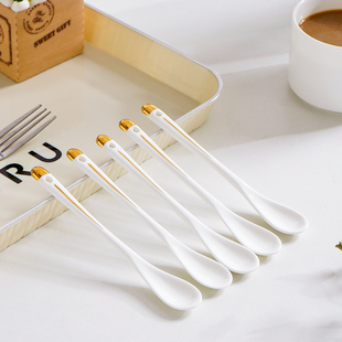 4个陶瓷咖啡勺长柄搅拌勺子迷你调羹甜品勺家用描金牛奶搅拌勺