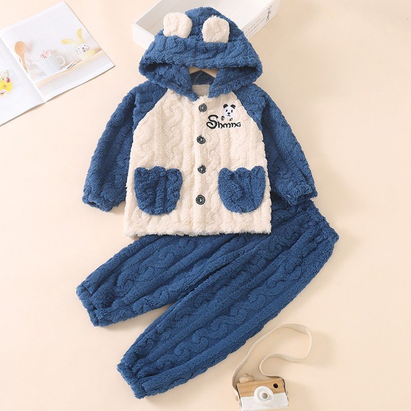 AUTUMN AND WINTER CHILDRENS FLANNEL PAJAMAS FOR BOYS AND GIRLS CORAL VELVET FOR SMALL CHILDREN BABY HOODED WARM LOUNGEWEAR SET