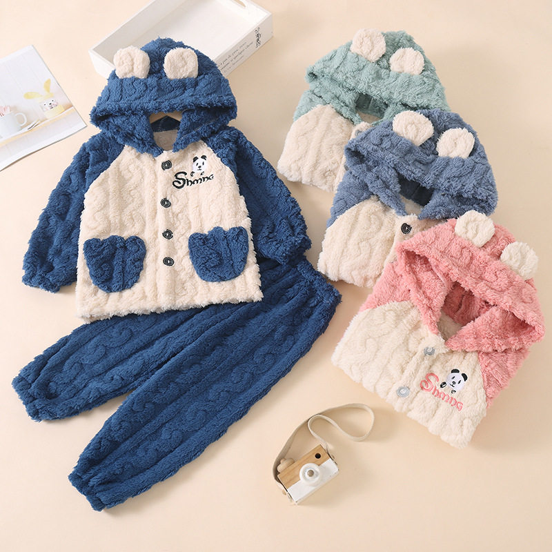 AUTUMN AND WINTER CHILDRENS FLANNEL PAJAMAS FOR BOYS AND GIRLS CORAL VELVET FOR SMALL CHILDREN BABY HOODED WARM LOUNGEWEAR SET