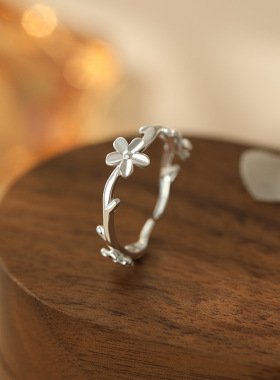 S999足银花朵戒指ins风甜美气质清新可调节森系淡雅手饰代发