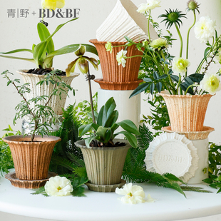 青野园艺家米兰 粗陶花盆红陶土盆透气粗陶花盆简约家用带托盘