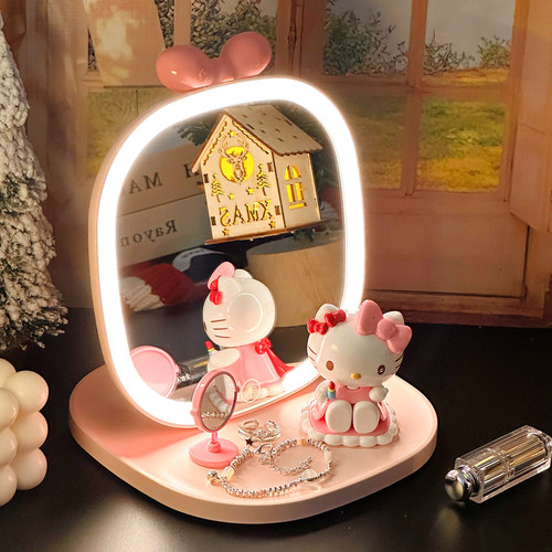 可爱卡通贴纸化妆镜桌面折叠方形LED三色补光灯学生宿舍萌系镜子