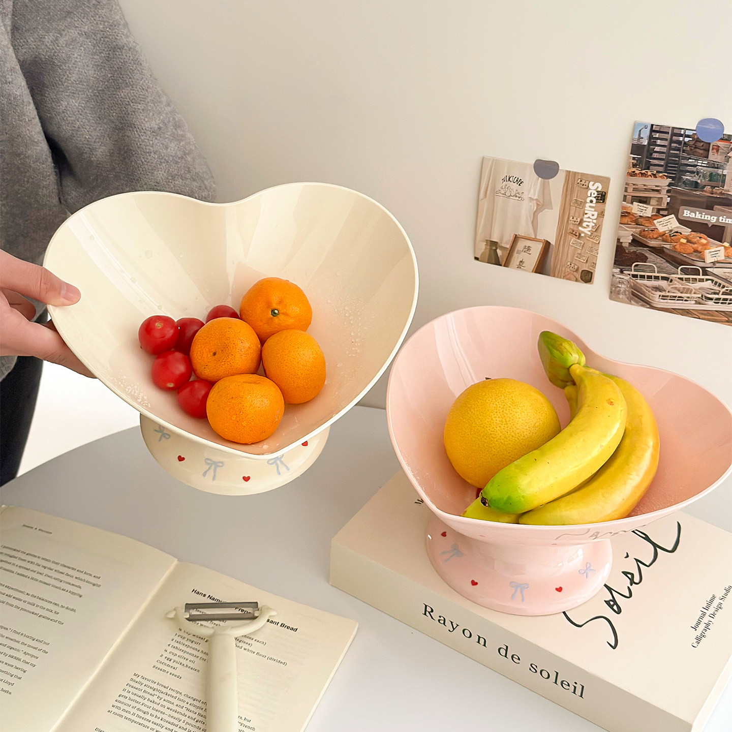 简约现代大容量爱心果盘奶油粉水果盘家用客厅茶几零食干果盘