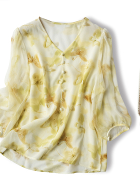 高端碎花桑蚕丝衬衫女七分袖真丝03双绉印花V领百搭衬衣甜美上衣