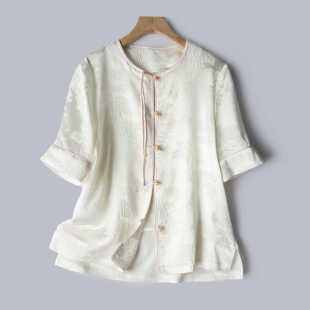 开衫 衬衣真丝宽松衬衫 国风上衣女夏 冠乐缎提花短袖 桑蚕丝新中式