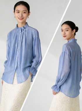 法式文艺100桑蚕丝木耳边立领真丝衬衫女2026春新款薄款小衫蓝色