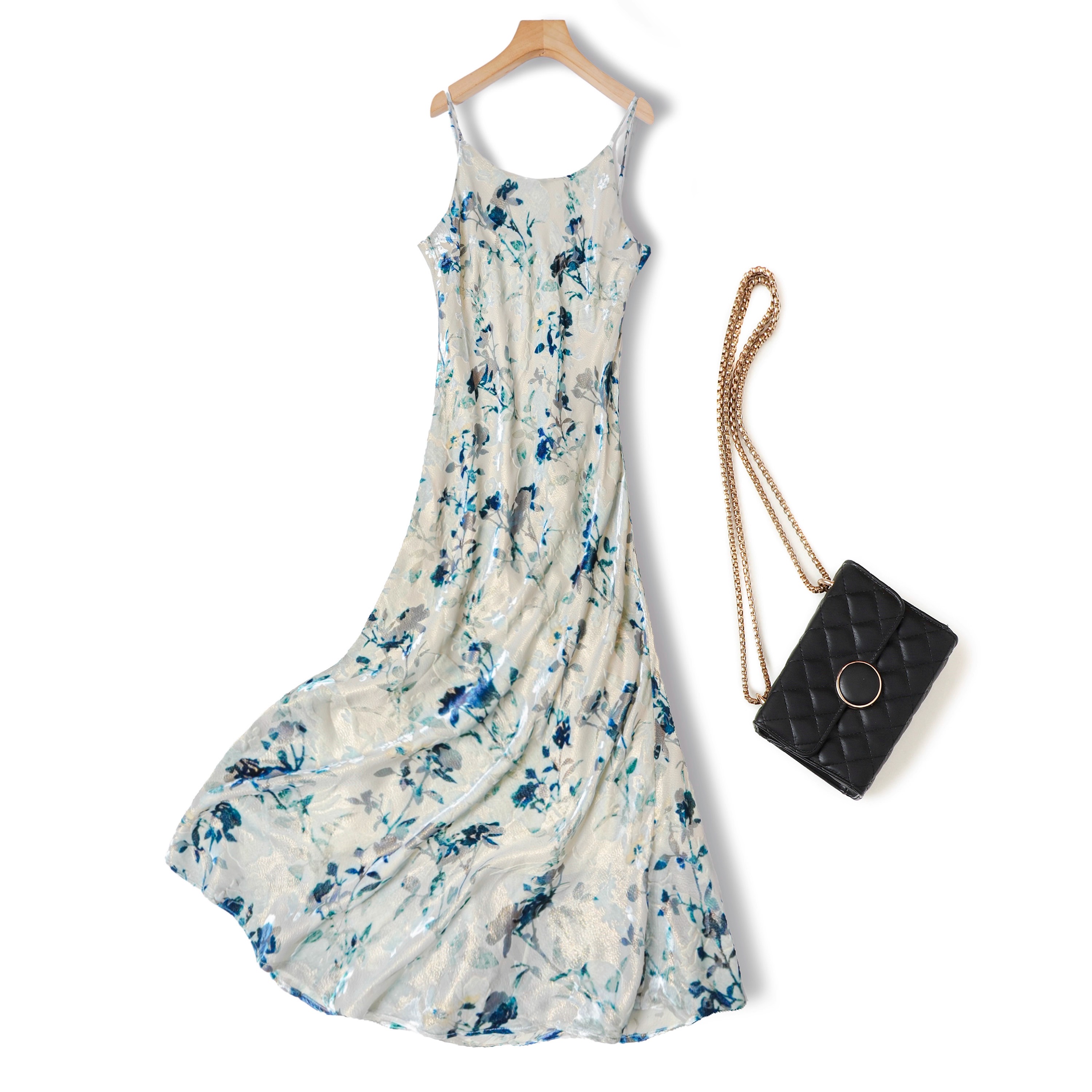 美幻雀蓝！真丝加长礼服吊带裙女小雏菊金线丝绒烧花斜裁显瘦裙子