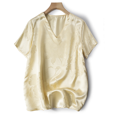 28姆米桑蚕丝重缎提花纯色真丝上衣V领显瘦百搭妈妈女T打底衫大码