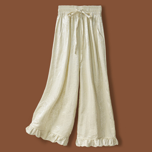 2025秋冬白色桑蚕丝羊毛休闲裙裤 女 巨好看真丝羊毛九分阔腿花边裤