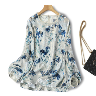 落花弦外雨!金线丝绒烂花真丝小衫桑蚕丝宽松圆领罩衫上衣女秋新