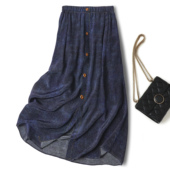 夏新桑蚕丝03双绉牛仔半身裙印花真丝宽松开叉女松紧中长款 小A裙