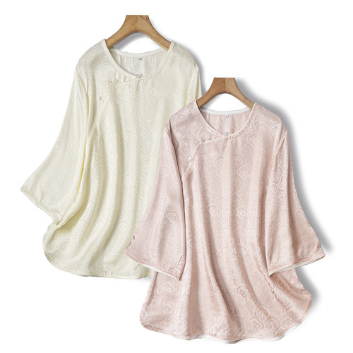 如意锁真丝花罗新中式纯色上衣2025新款国风提花圆领斜襟七分袖女