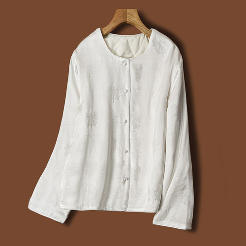 保暖神器100%桑蚕丝蝴蝶提花女装棉服外套真丝保暖加厚内胆冬季白