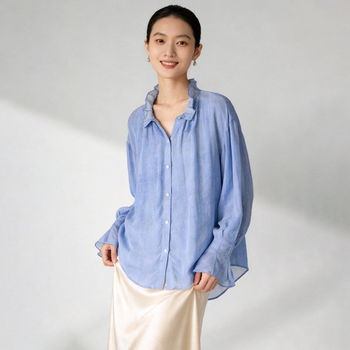 法式木耳边立领长袖真丝衬衫女春