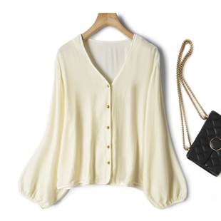 小香风V领显瘦气质上衣桑蚕丝开衫 新款 短外套 女长袖 真丝丝绒衬衫